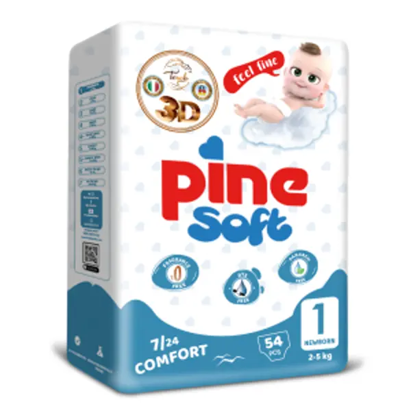 Pine Soft 3D Pieluchy dla dzieci NEWBORN 1 (2-5 kg), 54 szt. Pine